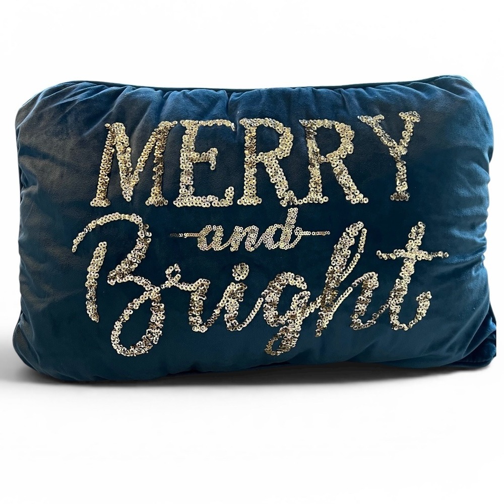 Merry‎ and Bright Teal Blue Velvet Sequin Holiday Christmas Lumbar Pillow 20x12